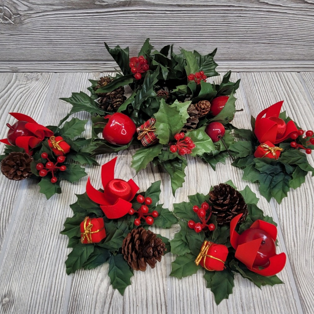 Set of 5‎ Christmas Candle Rings Pillar Taper Holiday Holly Berry Pine Cone Vtg